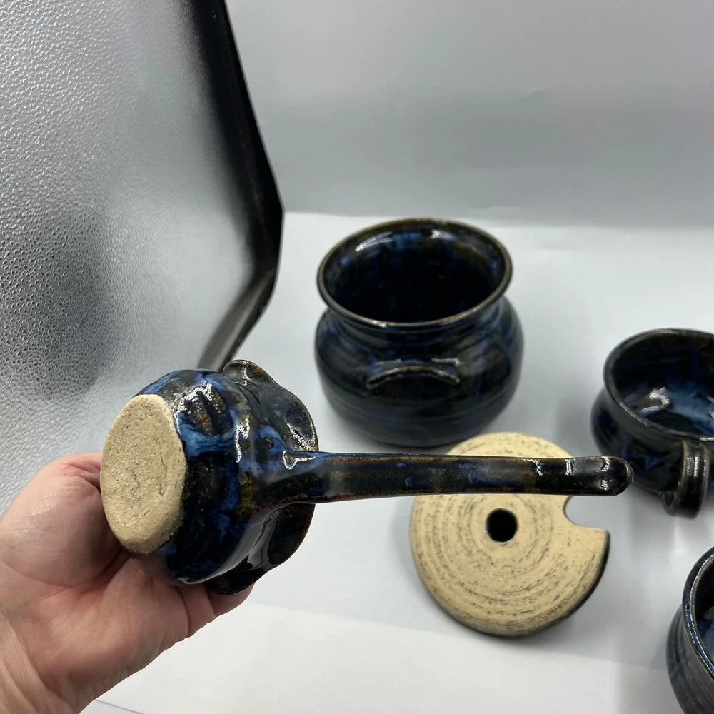 Vintage Signed Studio Pottery Soup Pot with Lid Ladle and 2‎ Bowls Blue Glaze